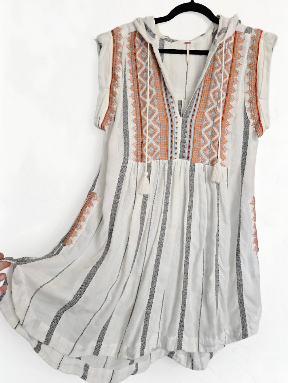 Free People Boho Embroidered White Gray Orange Striped Hooded Dress, S